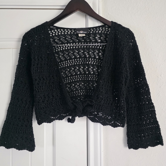 Vintage Y2K Black Crochet Tie-Front Cardigan - Picture 1 of 3